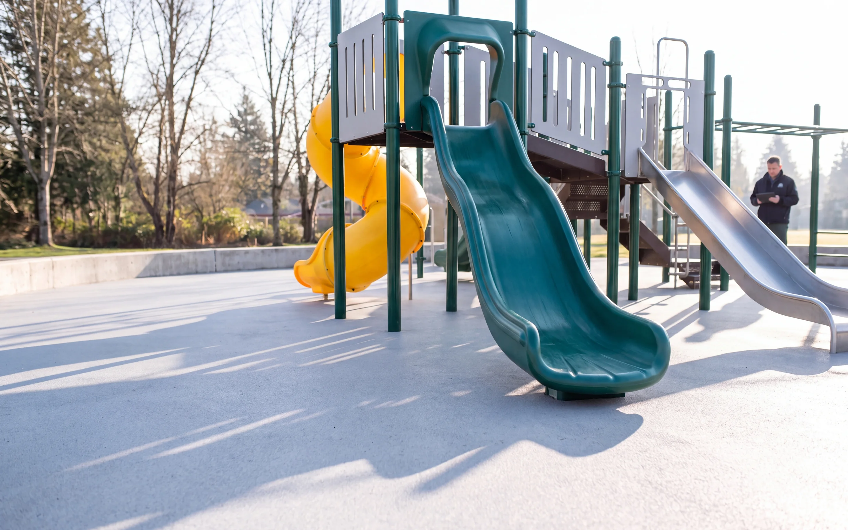 A long evergreen wave slide coming down toward the camera from a high deck of a commercial play structure in a morning park, a yellow tube slide turning around a post behind it and a stainless steel slide on the right, with clean light grey rubber surfacing in front of the exit