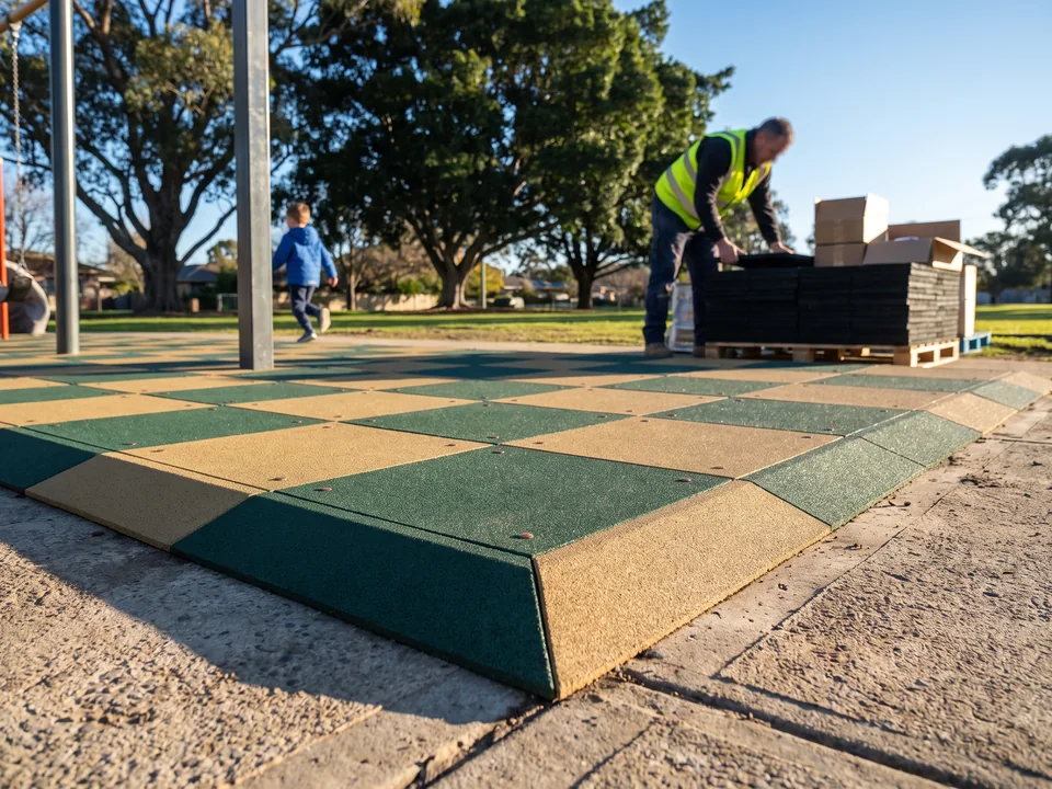 Beveled ramp edge pieces and a mitred corner piece finishing a rubber tile area