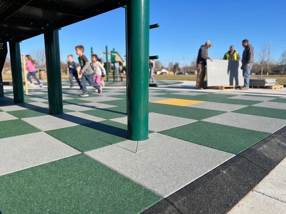 Evergreen play structure post rising out of a rubber tile area with tiles cut tightly around it