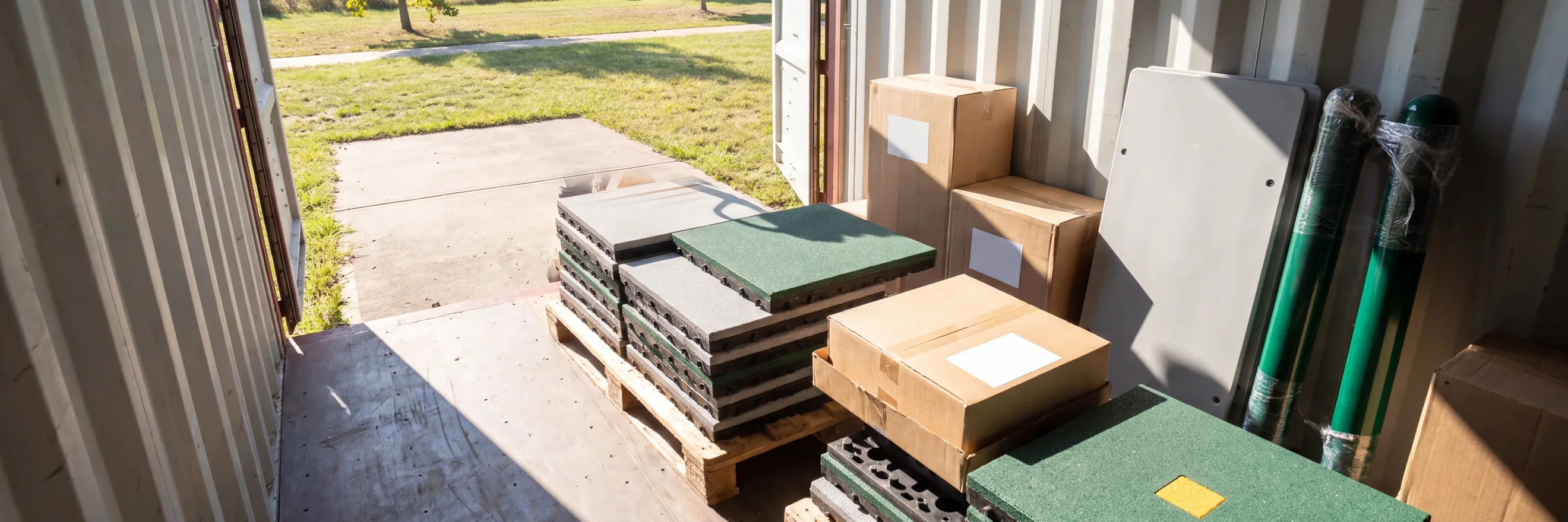 Container loaded with rubber tile pallets and equipment cartons, labels facing out