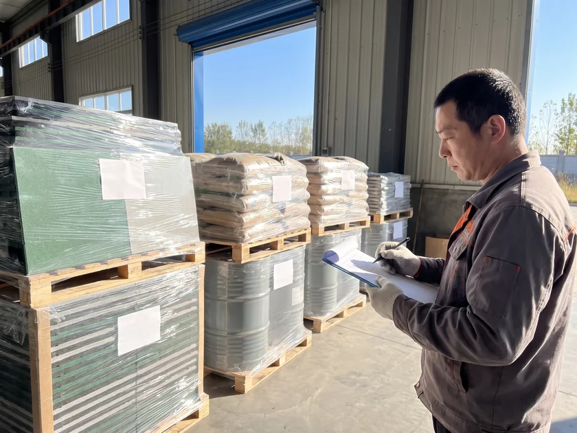 A QC inspector counting labeled tile pallets, granule bags and binder drums against the area table before loading