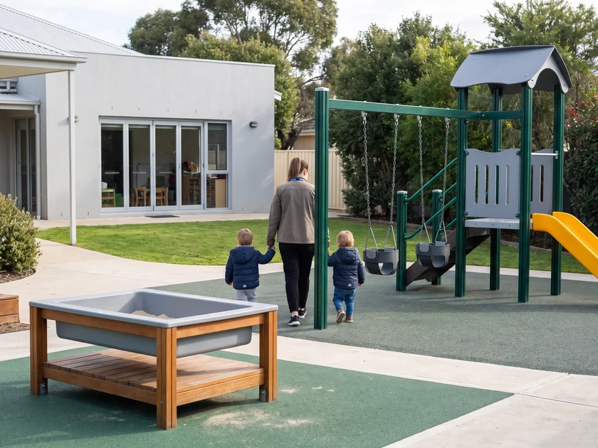 Toddler room yard with bucket swings