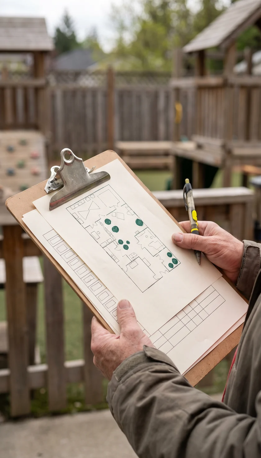 Clipboard with a yard plan, room list and marked staff positions