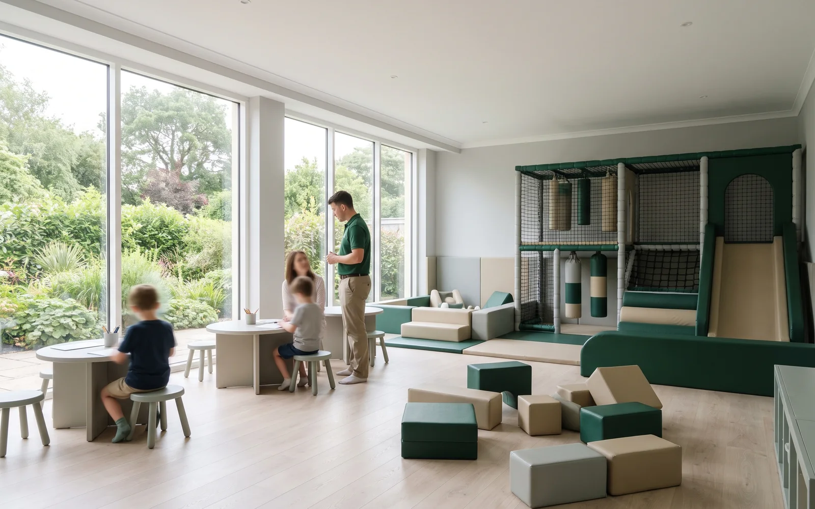Hotel kids' club room with soft play along one wall and loose modules on the floor