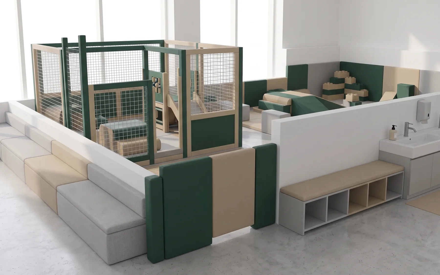 3D render of the view from the staff position toward the entry gate and shoe area