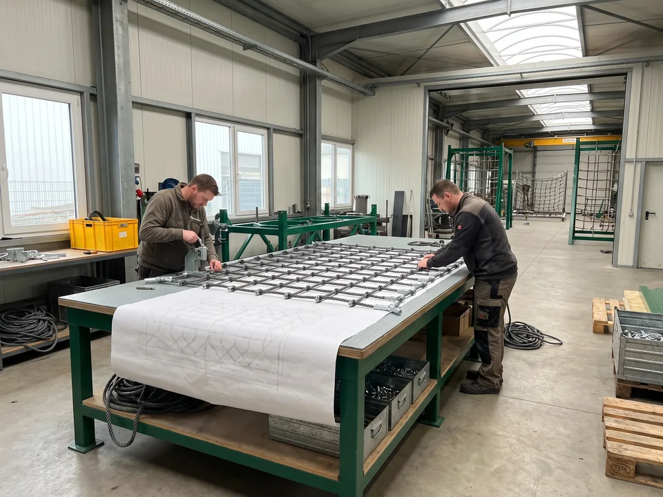 Workers building a rope net on a large netting table to a printed net drawing