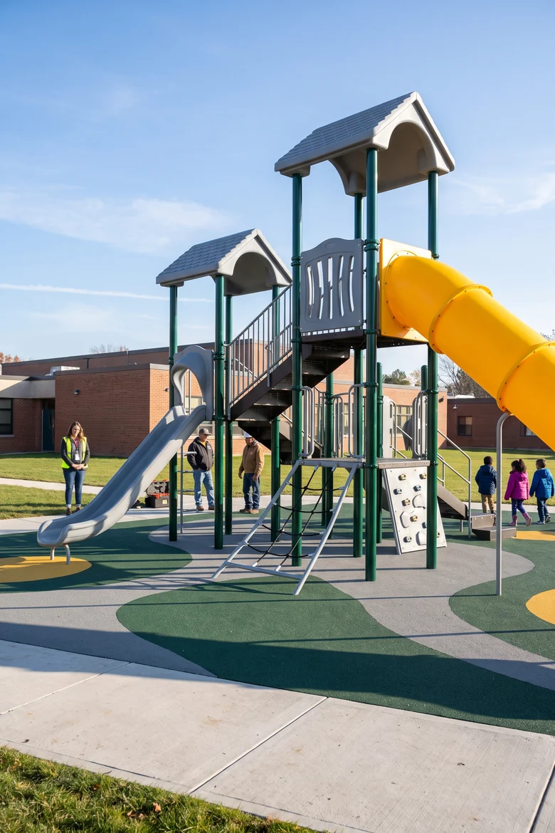 Multi-deck 5–12 play structure with roofs, slides and a rope climber