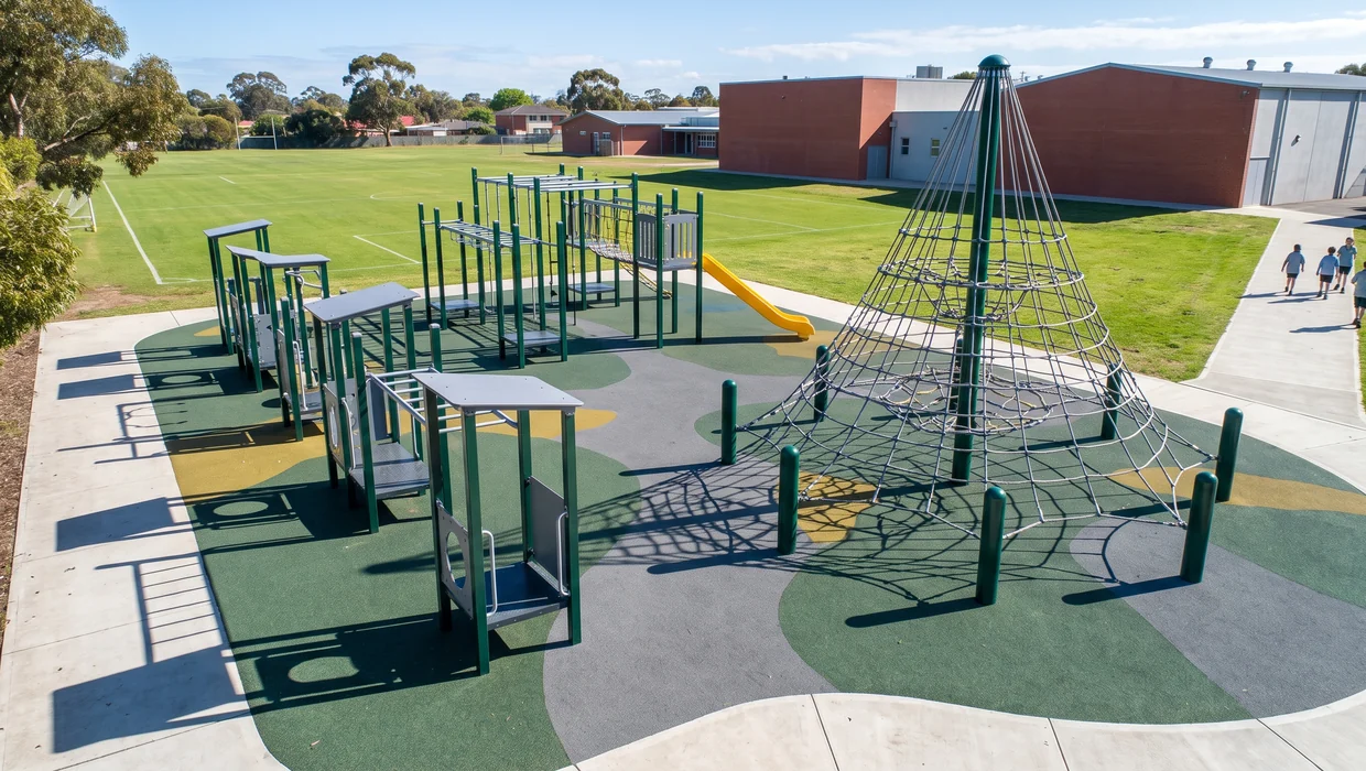 A school play area from above: rope climbing, fitness stations and an obstacle rig