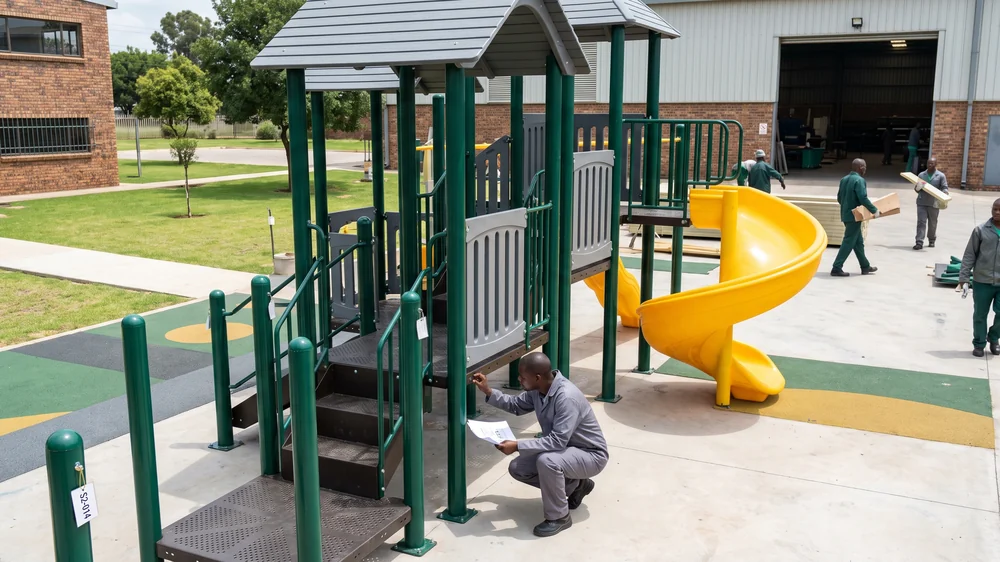 A 5–12 play structure assembled in the factory yard, QC inspector checking it against the drawing