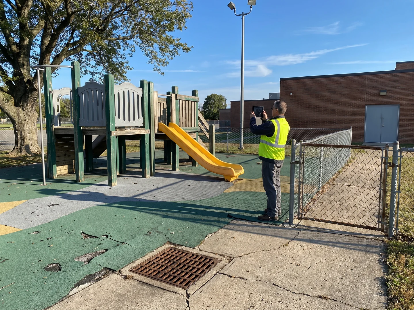 Old school playground before replacement, with a tree, a light pole, a drain and a gate