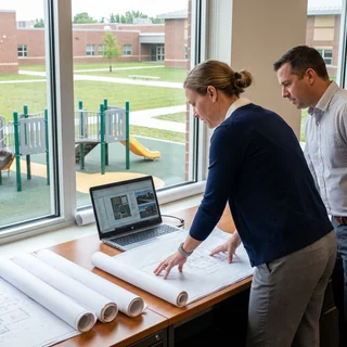 District facilities manager at a desk with campus plans
