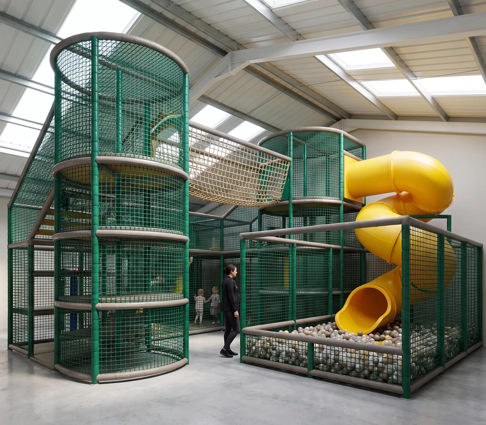Multi-level soft play structure with evergreen netting, grey padding and a yellow tube slide under skylights