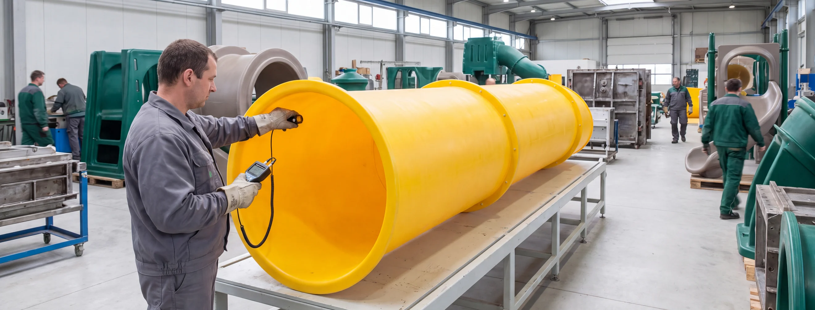 QC inspector measuring a yellow tube slide with an ultrasonic thickness gauge