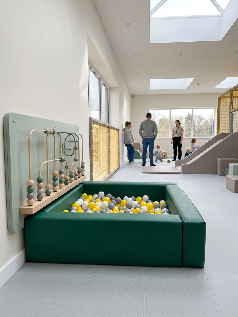 Toddler ball pit with padded walls and a game panel at toddler height