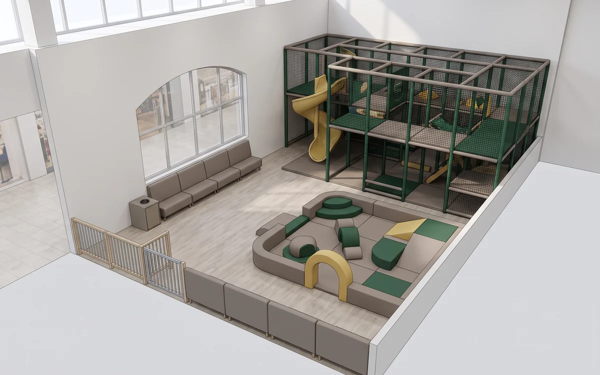 3D render of a mall play zone layout for a leasing committee