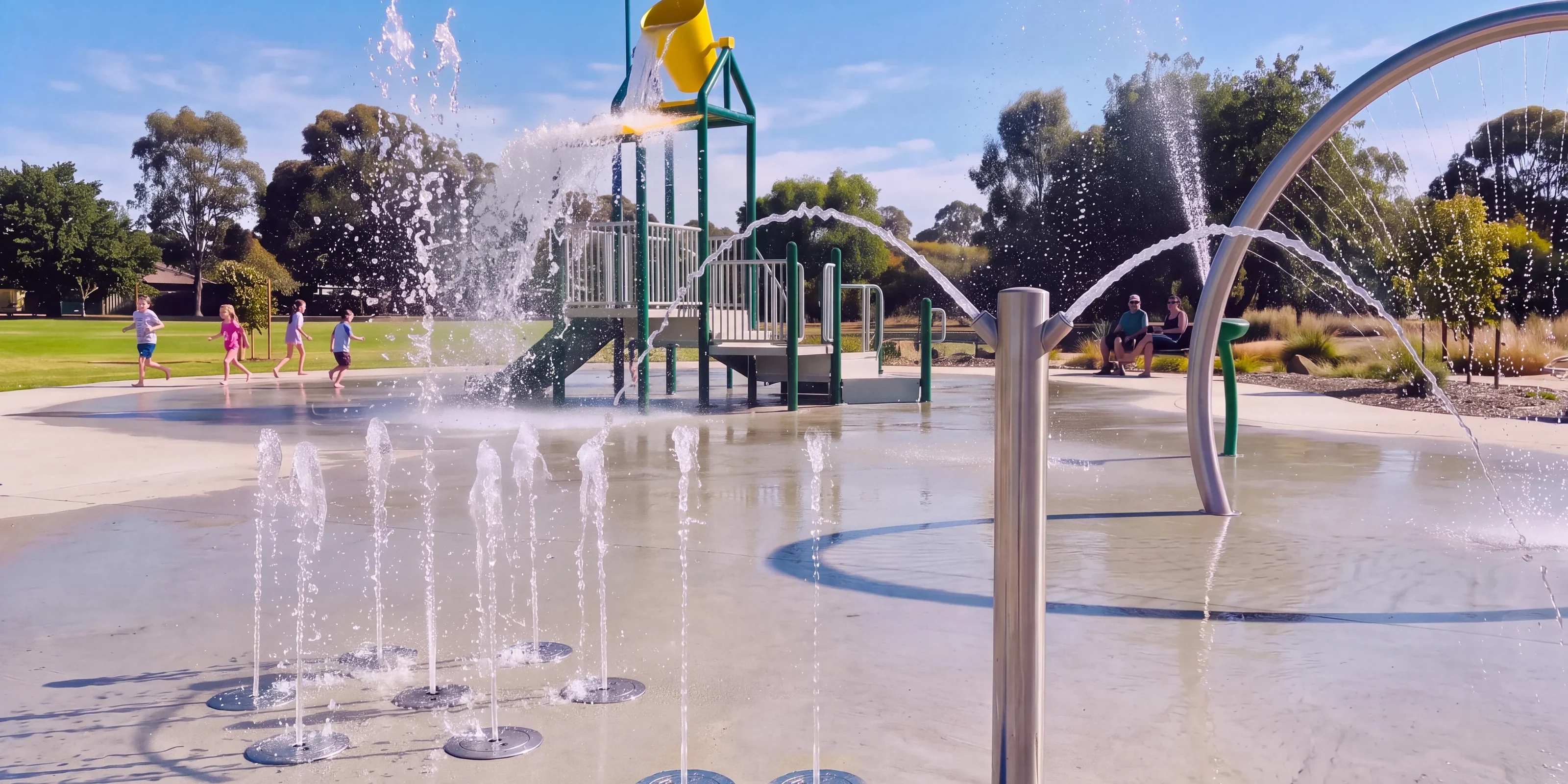 A morning splash pad at eye level: a ring of flush ground sprays, a 304 stainless spray post and the leg of a stainless spray arch in a row, water arcs catching the sun, children running in the distance