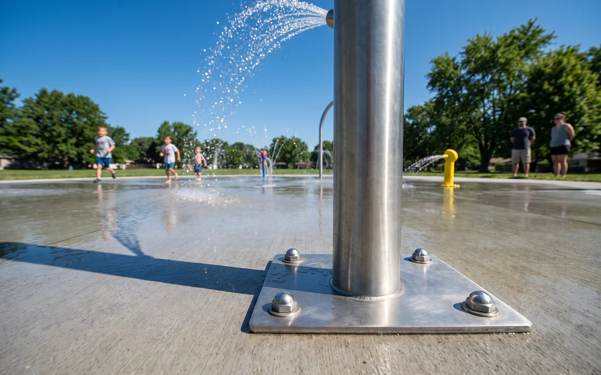 An installed stainless spray post on a splash pad, its base plate flush with the deck and the tamper-resistant bolt caps clear
