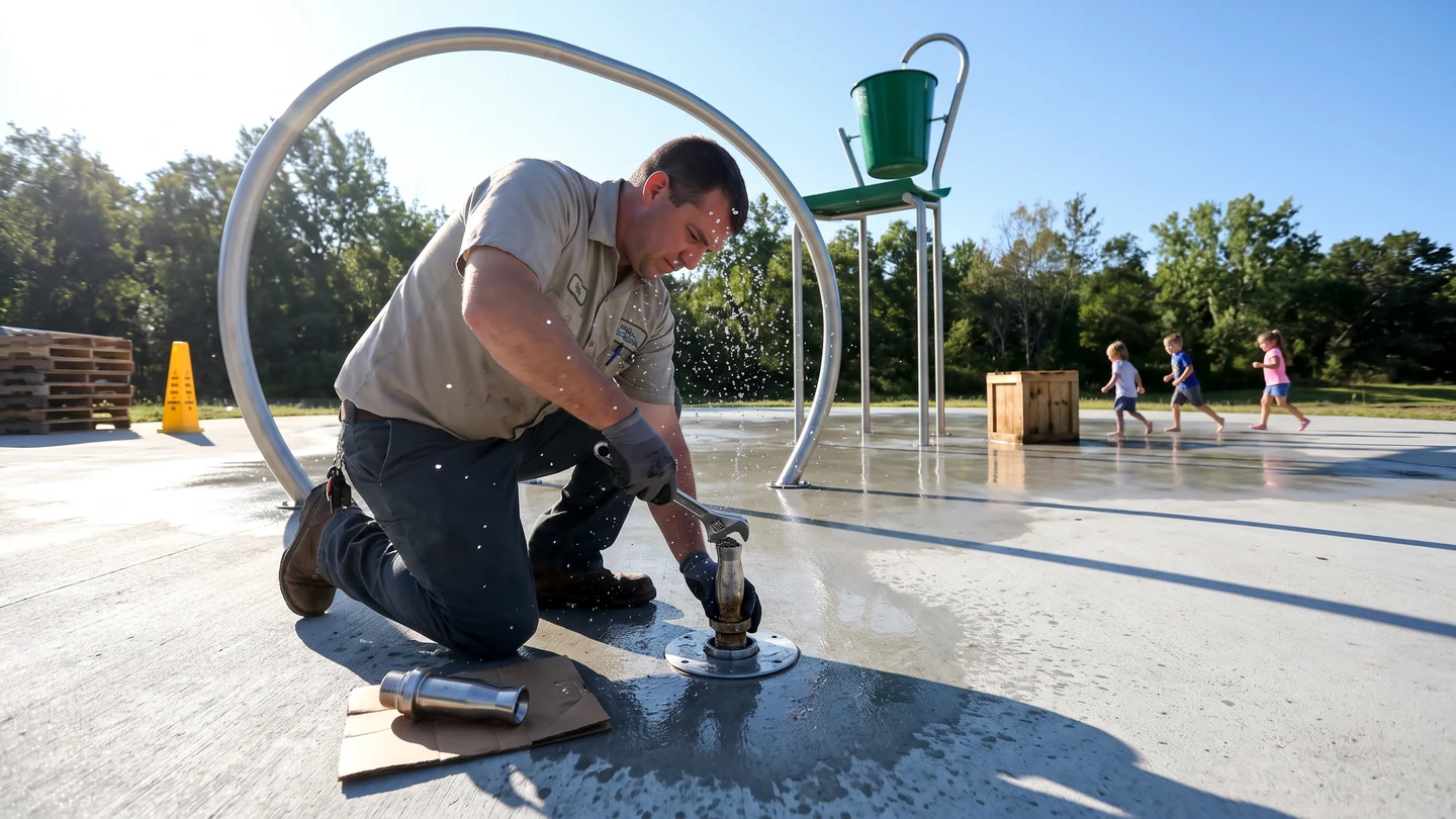 A maintenance worker unscrewing a worn nozzle on a splash pad with an identical new nozzle beside his hand