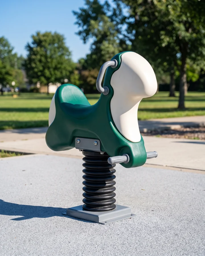 A single-seat spring rider for a preschool yard