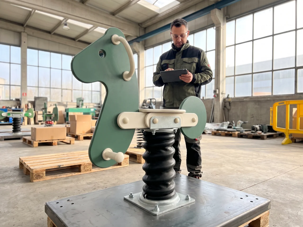 A QC inspector with a tablet beside a spring rider assembled on a steel test plate in the factory
