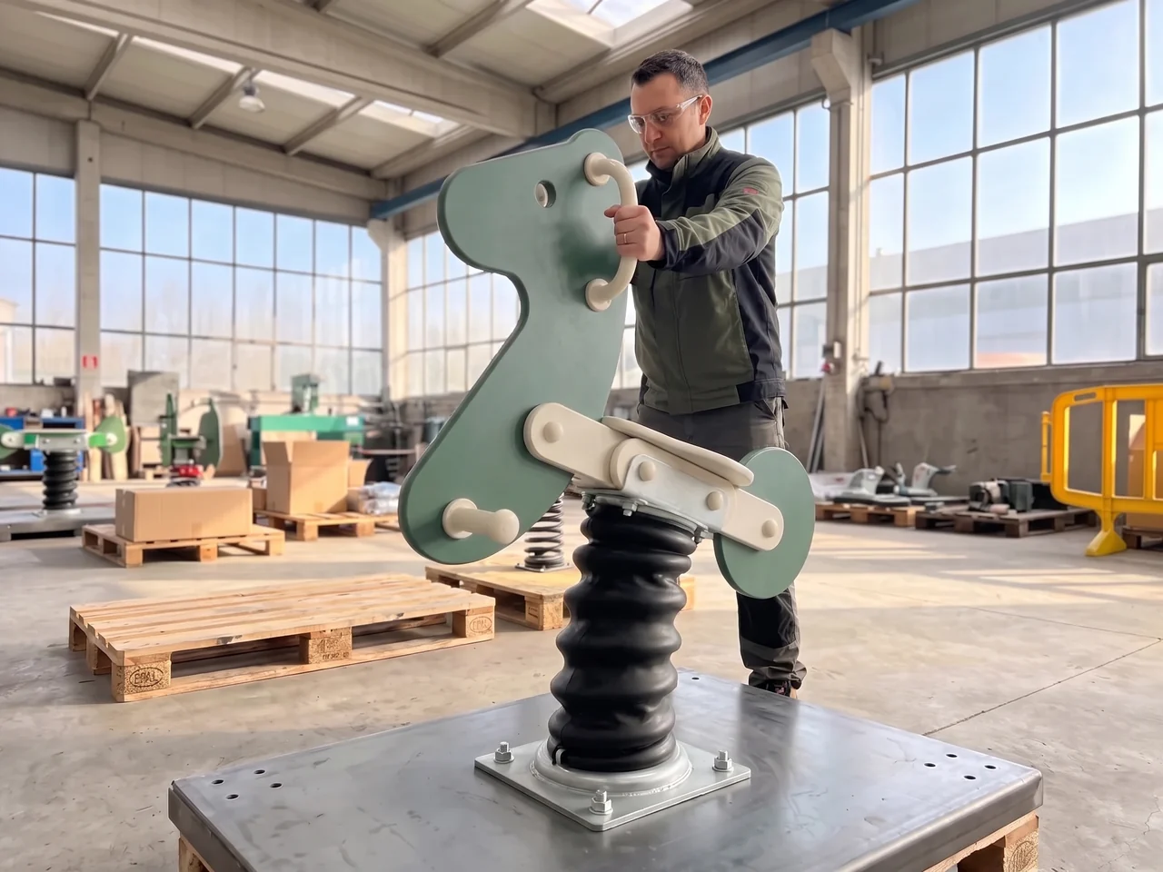 A QC inspector pushing an assembled spring rider over on its sleeved spring