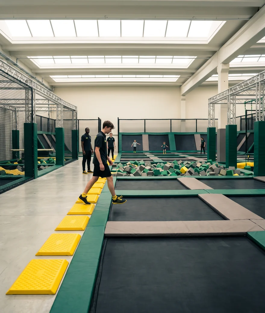 Step pads at the edge of a trampoline court
