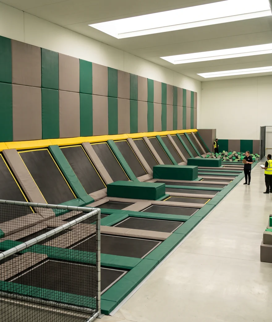 Wall pads on the angled and back walls of a court