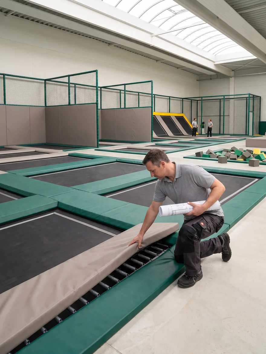 Inspector checking spring-cover pads against the printed court drawing