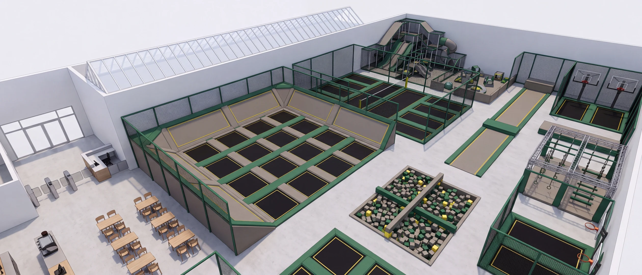 A 3D render of a complete venue with trampoline courts, a ninja course and soft play