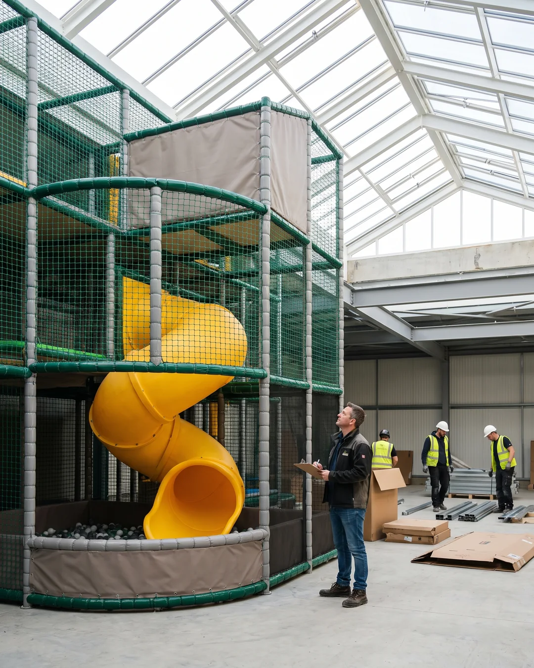 A three-level soft play structure in a skylit venue before opening, evergreen netting, warm grey pads and a yellow tube slide, with the venue manager beside it