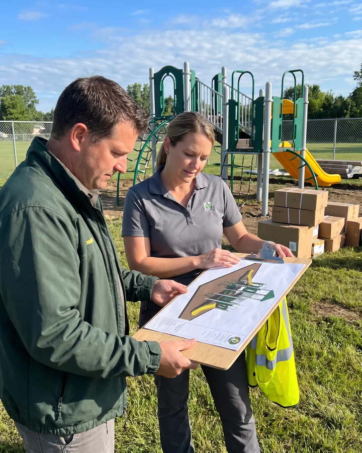 A dealer's representative shows a printed layout render to a facility manager at the client's site