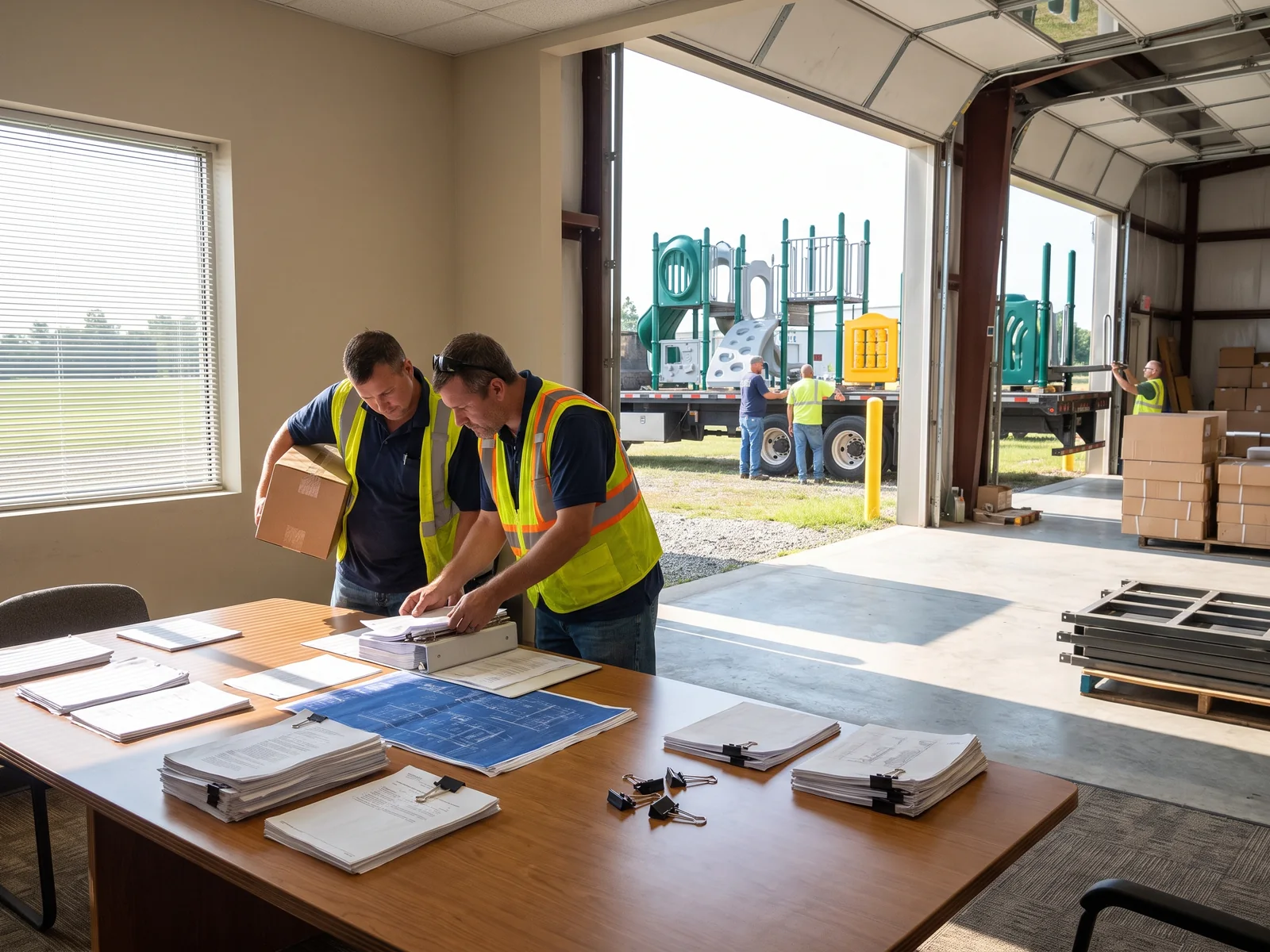 A dealer's bid team binds a tender submission of printed specifications and drawings