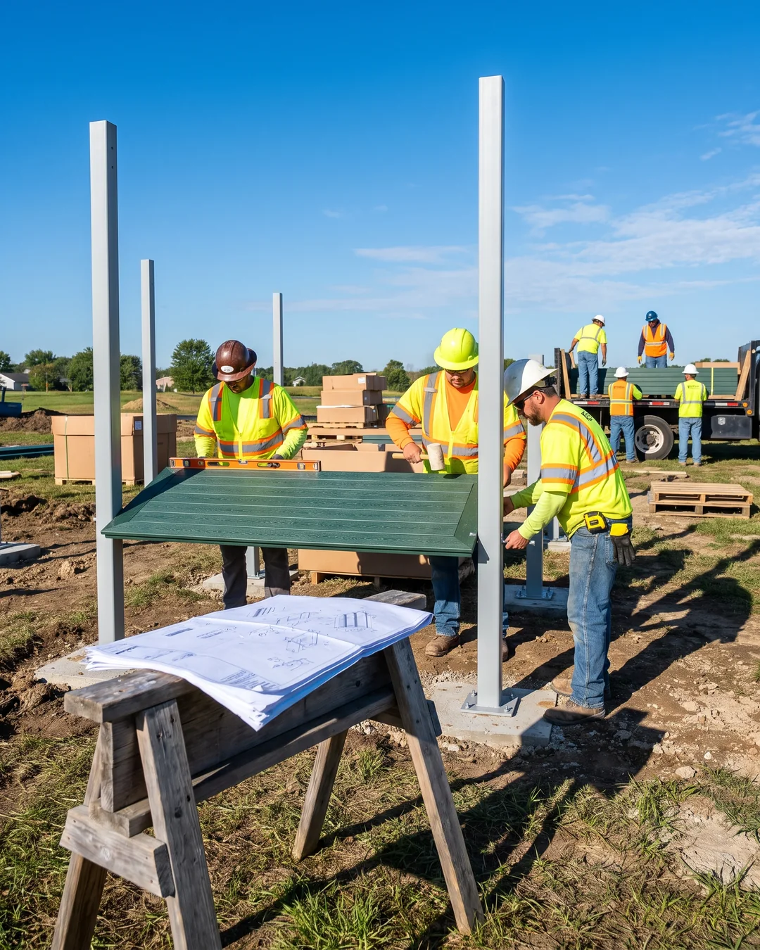 A dealer's installation crew fits a deck on a client's site while checking the assembly drawing on a sawhorse