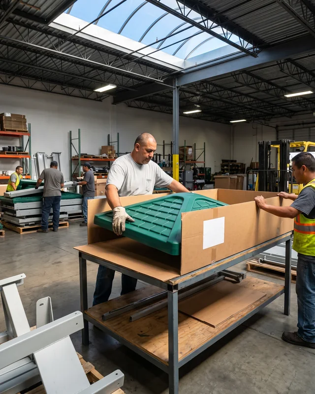A new roof panel being packed into a courier box with a blank label