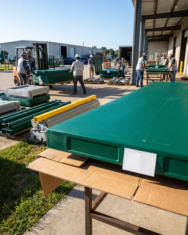 A 19 mm evergreen roof panel with an engraved logo recess and a blank part label at shipment