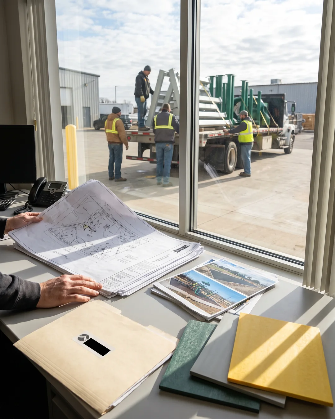 A dealer gathers a site plan, site photos, a logo folder and PVC swatches on a desk before sending